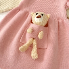 2025 Spring Infant Baby Kids Girls Color Patchwork Long Sleeves Teddy Attached Dress Wholesale