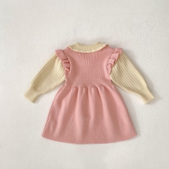 2025 Spring Infant Baby Kids Girls Color Patchwork Long Sleeves Teddy Attached Dress Wholesale