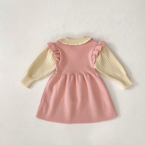 2025 Spring Infant Baby Kids Girls Color Patchwork Long Sleeves Teddy Attached Dress Wholesale