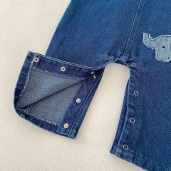 2025 Spring Infant Baby Unisex Elephants Pattern Long Sleeves Top With Denim Overalls Sets Wholesale