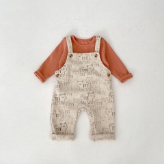 2025 Spring Infant Baby Unisex Solid Color Long Sleeves Top With Printed Overalls Sets Wholesale