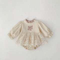 2025 Spring Infant Baby Kids Girls Lace Embroidery Floral Pattern Long Sleeves Dress Wholesale