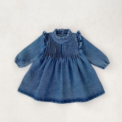 2025 Spring Infant Baby Kids Girls Denim Blue Long Sleeves Pleated Dress Wholesale