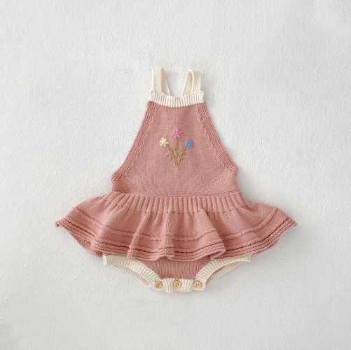 Spring Infant Baby Girls Sleeveless One Piece Floral Pattern Embroidered Knitted Bodysuit Onesies Wholesale