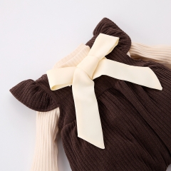 2025 Spring Infant Baby Girls Solid Color Long Sleeves Butterfly-bow Tied Top With Overalls Sets Wholesale