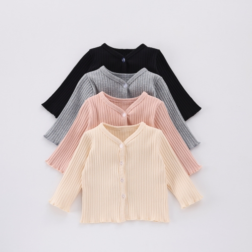 New Arrival Spring Baby Girls Long Sleeves V Neck Single Breasted Knitted Top Wholesale