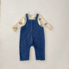 2025 Spring Infant Baby Unisex Elephants Pattern Long Sleeves Top With Denim Overalls Sets Wholesale