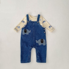 2025 Spring Infant Baby Unisex Elephants Pattern Long Sleeves Top With Denim Overalls Sets Wholesale