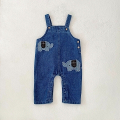 2025 Spring Infant Baby Unisex Elephants Pattern Long Sleeves Top With Denim Overalls Sets Wholesale