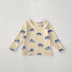2025 Spring Infant Baby Unisex Elephants Pattern Long Sleeves Top With Denim Overalls Sets Wholesale