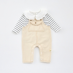 2025 Spring Infant Baby Girl Striped Pattern Long Sleeves Top With Denim Overalls Sets Wholesale