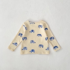 2025 Spring Infant Baby Unisex Elephants Pattern Long Sleeves Top With Denim Overalls Sets Wholesale