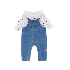 2025 Spring Infant Baby Girl Polka Dots Pattern Long Sleeves Top With Denim Overalls Sets Wholesale