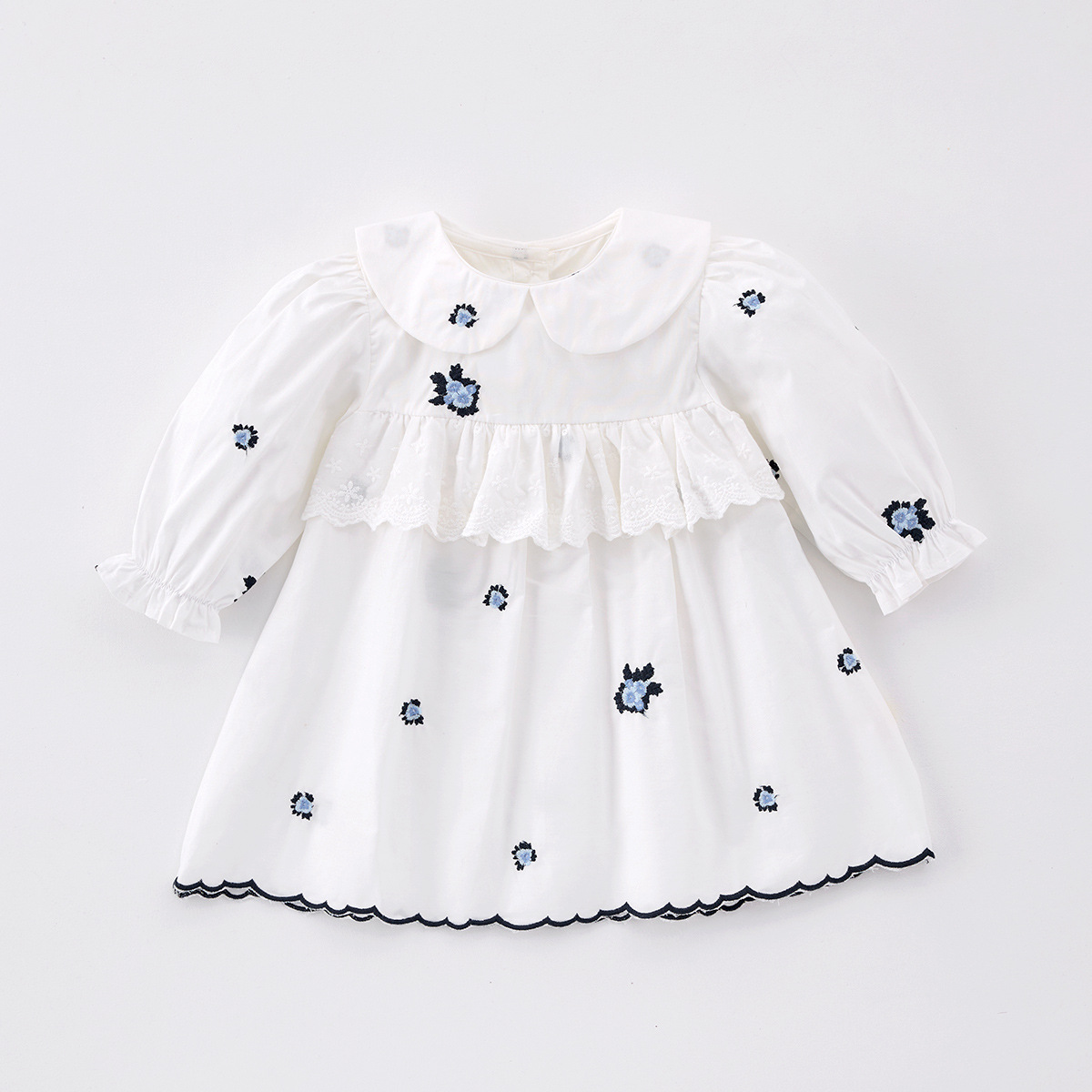 Spring Infant Baby Girls Long Sleeves One Piece Floral Embroidered Pattern  Dress Wholesale