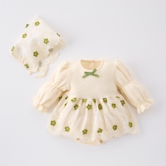 Spring Infant Baby Girls Long Sleeves Floral Embroidered Pattern Bodysuit Onesies with Hat Wholesale