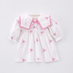 Spring Infant Baby Girls Long Sleeves One Piece Floral Embroidered Pattern Dress Wholesale