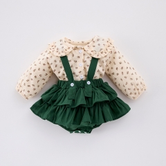 2025 Spring Infant Baby Girls Floral Long Sleeves Top With Green Onesies Overalls Sets Wholesale