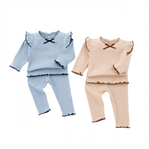 2025 Spring Infant Baby Girls Curve Trim Long Sleeves Top With Pants Sets Wholesale