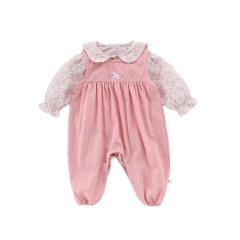 2025 Spring Infant Baby Girls Floral Long Sleeves Top With Embroidered Overalls Sets Wholesale