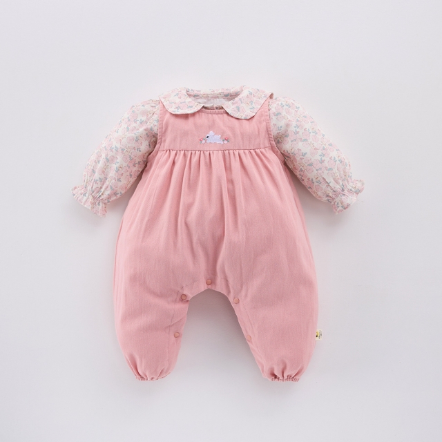 2025 Spring Infant Baby Girls Floral Long Sleeves Top With Embroidered Overalls Sets Wholesale