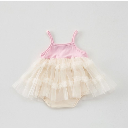 2025 Summer Infant Baby Girls Sleeveless Butterfly-bow Pattern Embroidered Tulle Patchwork Onesies Wholesale
