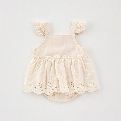 2025 Summer Infant Baby Girls Sleeveless Flowers Pattern Embroidered Lace Trim Onesies Wholesale