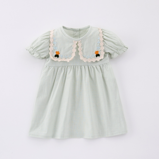 2025 Summer Infant Baby Girls Short Sleeves Flowers Pattern Embroidered Dress Wholesale