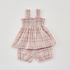 2025 Summer Infant Baby Girls Sleeveless Plaid Pattern Top With Bloomers Sets Wholesale