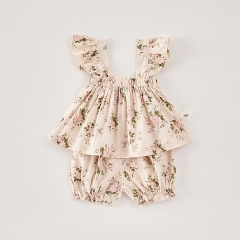 2025 Summer Infant Baby Girls Sleeveless Flowers Printed Top With Shorts Sets Wholesale