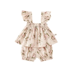 2025 Summer Infant Baby Girls Sleeveless Flowers Printed Top With Shorts Sets Wholesale