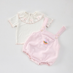 2025 Summer Infant Baby Girls Short Sleeves Top With Pink Plaid Onesies Overalls Sets Wholesale