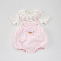 2025 Summer Infant Baby Girls Short Sleeves Top With Pink Plaid Onesies Overalls Sets Wholesale