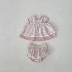 2025 Summer Infant Baby Girls Fly Sleeves Hollow-out Double-layer Top With Bloomers Sets Wholesale