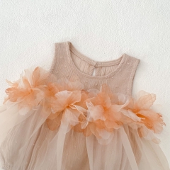 2025 Summer Infant Baby Kids Girls Floral Pattern Mesh Patchwork Sleeveless Dress Wholesale