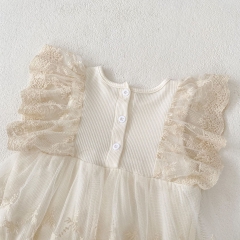 2025 Summer Infant Baby Kids Girls Lace Embroidery Floral Pattern Fly Sleeves Dress Wholesale