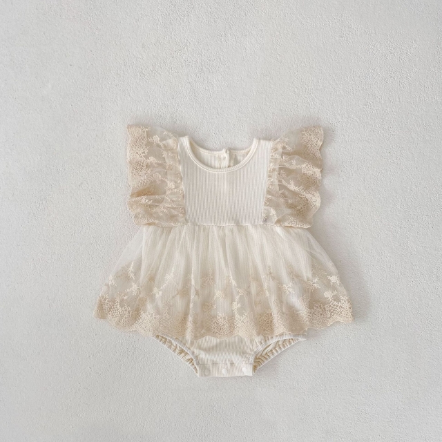 2025 Summer Infant Baby Kids Girls Lace Embroidery Floral Pattern Fly Sleeves Dress Wholesale