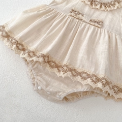 2025 Summer Infant Baby Kids Girls Fly Sleeves Floral Pattern Lace Trim Dress Wholesale