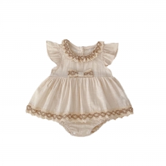 2025 Summer Infant Baby Kids Girls Fly Sleeves Floral Pattern Lace Trim Dress Wholesale