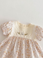 2025 Summer Infant Baby Girls Flowers and Rabbits Pattern Short Sleeves Dress Wholesale