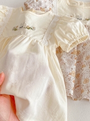 2025 Summer Infant Baby Girls Flowers and Rabbits Pattern Short Sleeves Dress Wholesale