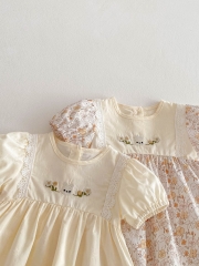 2025 Summer Infant Baby Girls Flowers and Rabbits Pattern Short Sleeves Dress Wholesale