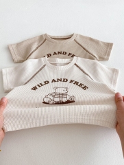 2025 Summer Infant Baby Kids Short Sleeves Waffle Grid Cartoon Top With Plain Shorts Sets Wholesale