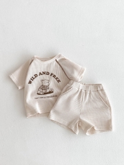 2025 Summer Infant Baby Kids Short Sleeves Waffle Grid Cartoon Top With Plain Shorts Sets Wholesale