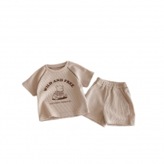 2025 Summer Infant Baby Kids Short Sleeves Waffle Grid Cartoon Top With Plain Shorts Sets Wholesale