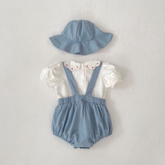 2025 Summer Infant Baby Kids Short Sleeves T-shirt With Blue Onesies Overalls and Hat Sets Wholesale