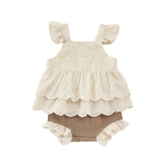 2025 Summer Infant Baby Girls Sleeveless Flowers Pattern Embroidery Top and Bloomers Sets Wholesale