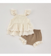 2025 Summer Infant Baby Girls Sleeveless Flowers Pattern Embroidery Top and Bloomers Sets Wholesale