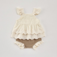 2025 Summer Infant Baby Girls Sleeveless Flowers Pattern Embroidery Top and Bloomers Sets Wholesale