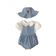 2025 Summer Infant Baby Kids Short Sleeves T-shirt With Blue Onesies Overalls and Hat Sets Wholesale
