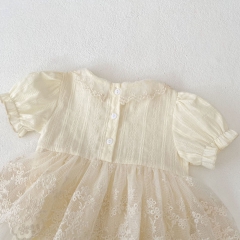 2025 Summer Infant Baby Kids Girls Short Sleeves Floral Embrodiery Pattern Tulle Patchwork Dress Wholesale